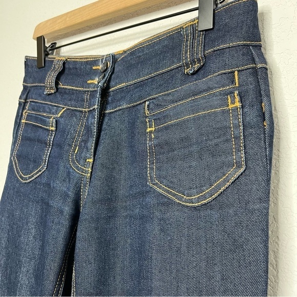 New York And Company Low Rise Flare Leg 70s Groovy Hippie Dark Wash Brown Stitch - Picture 5 of 9